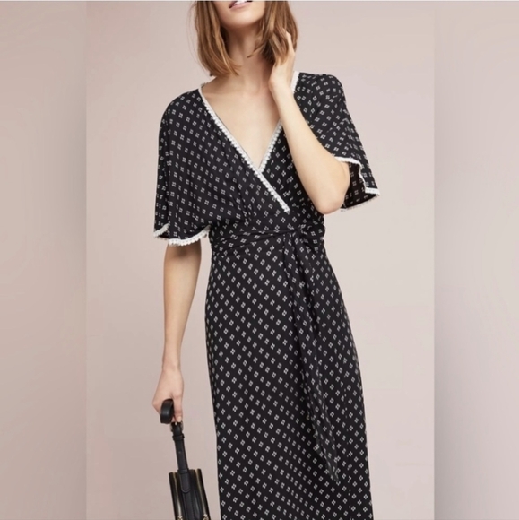 OPEN TO OFFERS Anthropologie Black Midi Wrap Dress Size M/L - Picture 2 of 13